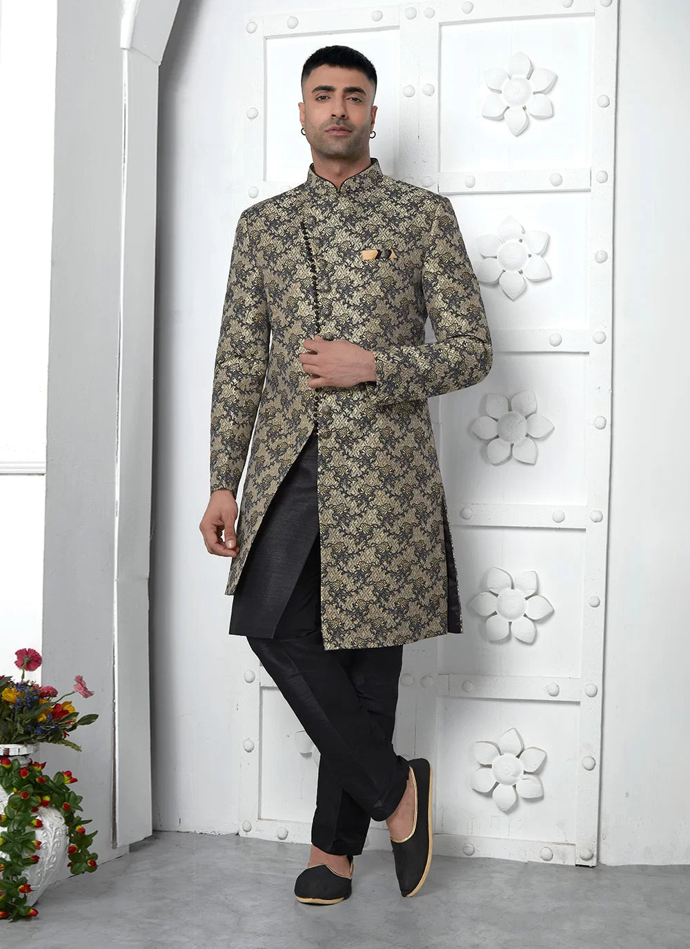 Raivat Ethnic Mens Jacquard Silk Embroidery Indo Western In Black Colour - Dista