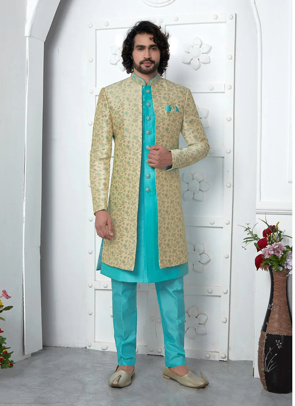 Raivat Ethnic Mens Jacquard Silk Embroidery Indo Western In Beige Pista Green Colour - Dista