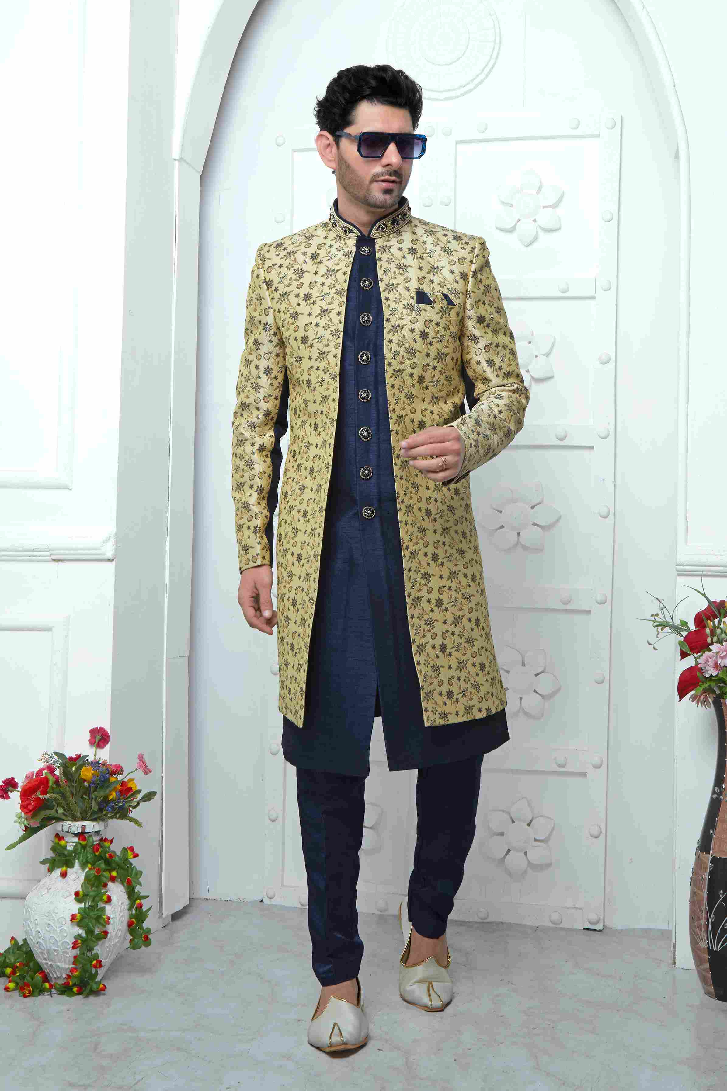 Raivat Ethnic Mens Jacquard Silk Embroidery Indo Western In Beige Blue Colour - Dista