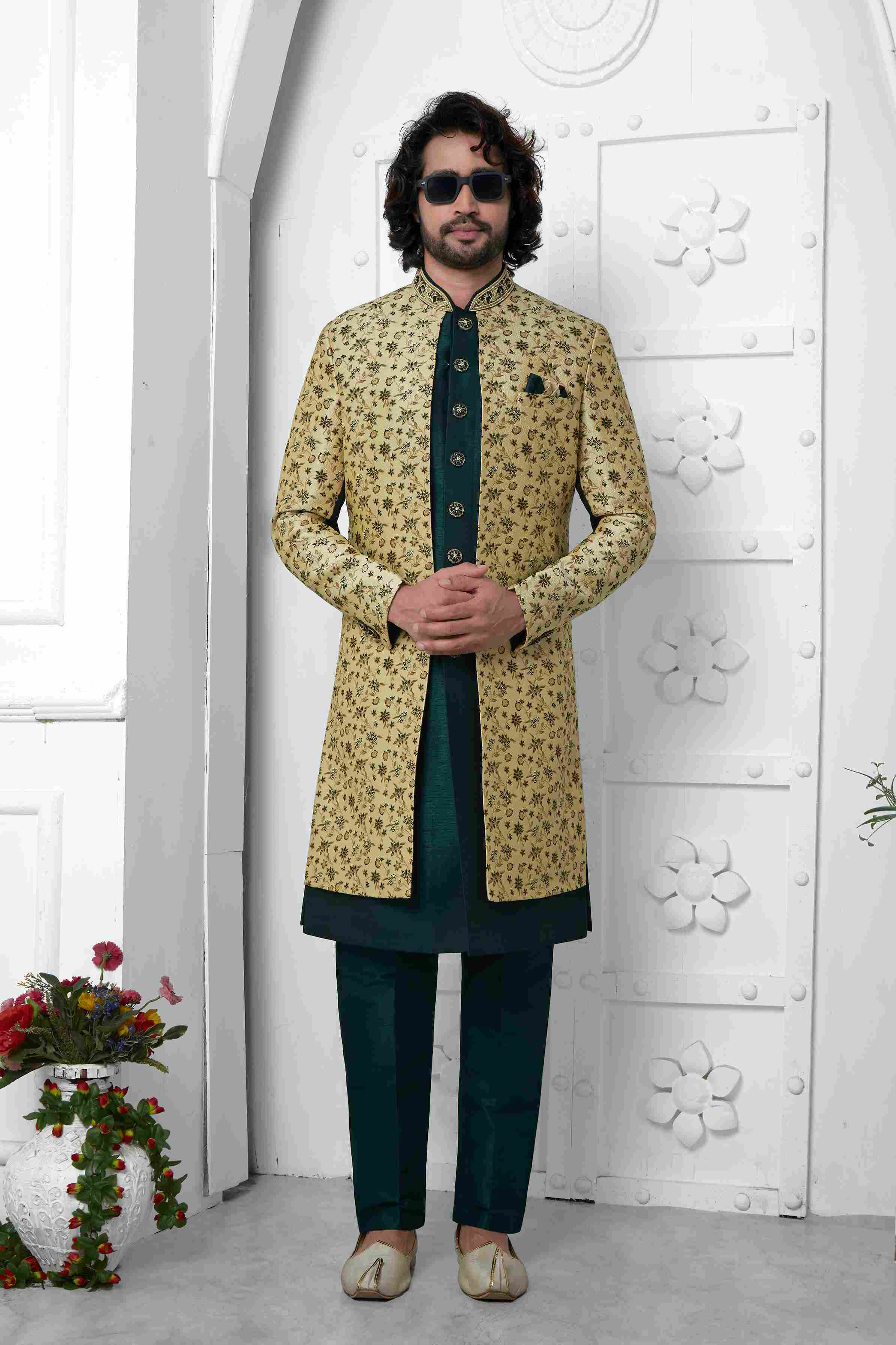 Raivat Ethnic Mens Jacquard Silk Embroidery Indo Western In Beige Green Colour - Dista