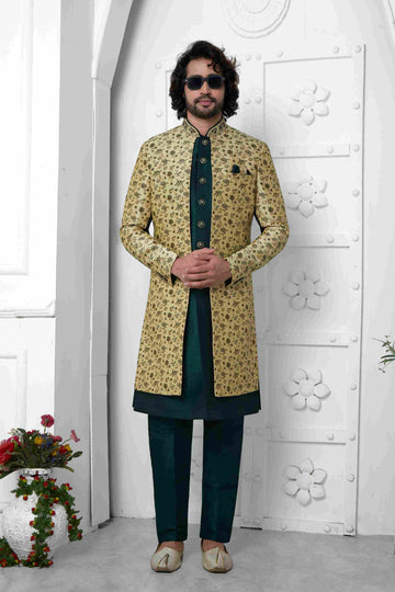Raivat Ethnic Mens Jacquard Silk Embroidery Indo Western In Beige Green Colour - Dista