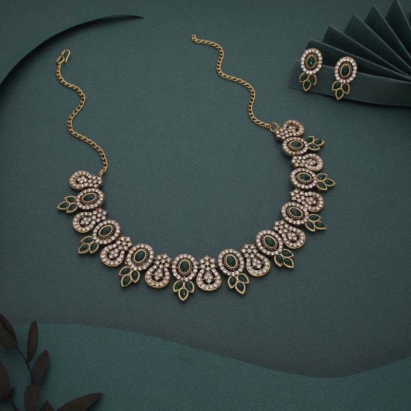 Tehzeeb Creations Gold-Polished Green Colour Choker With Dangle Earrings - Distacart