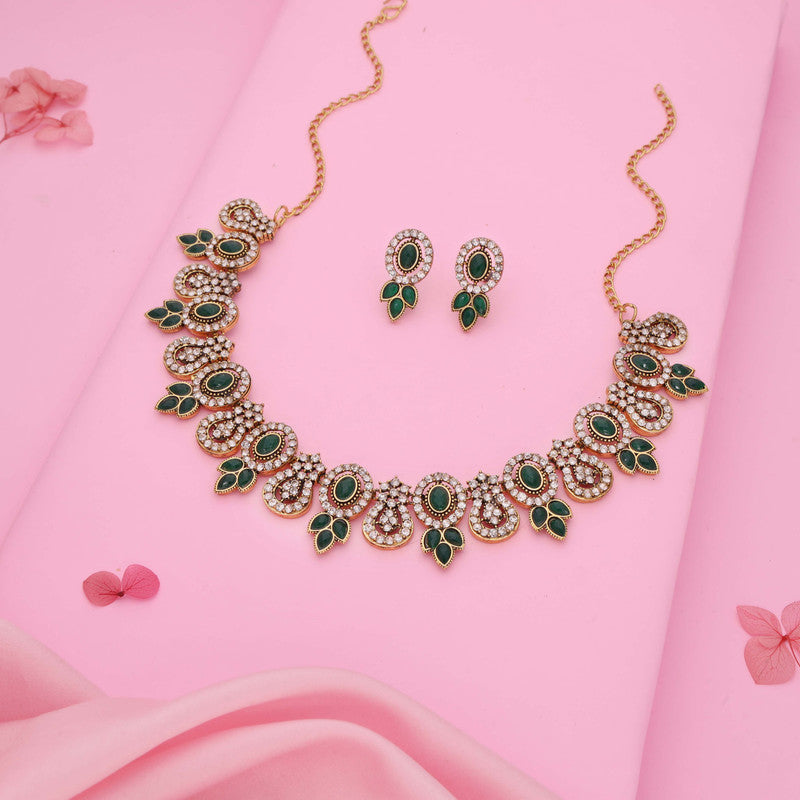 Tehzeeb Creations Gold-Polished Green Colour Choker With Dangle Earrings - Distacart