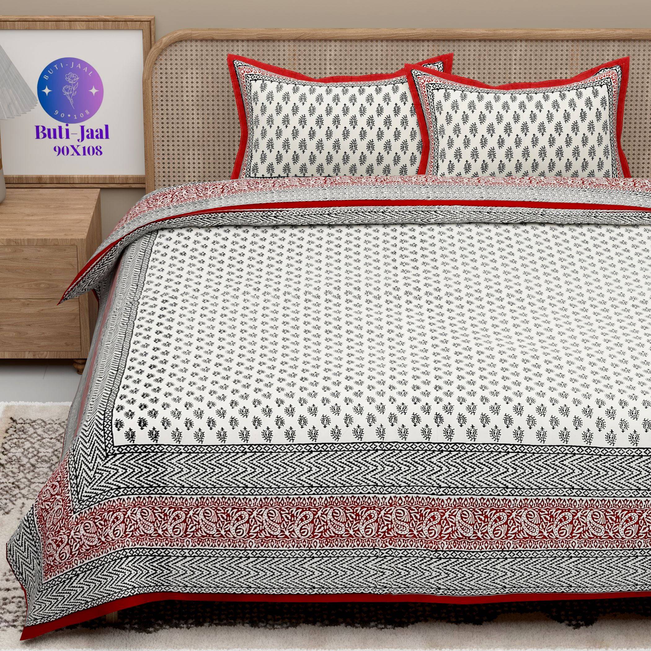 Red White Handblock Printed Cotton 200TC King Bedsheet With 2 Zipper Pillow Covers - King Size by House of Ree - Distacart