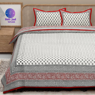 Red White Handblock Printed Cotton 200TC King Bedsheet With 2 Zipper Pillow Covers - King Size by House of Ree - Distacart