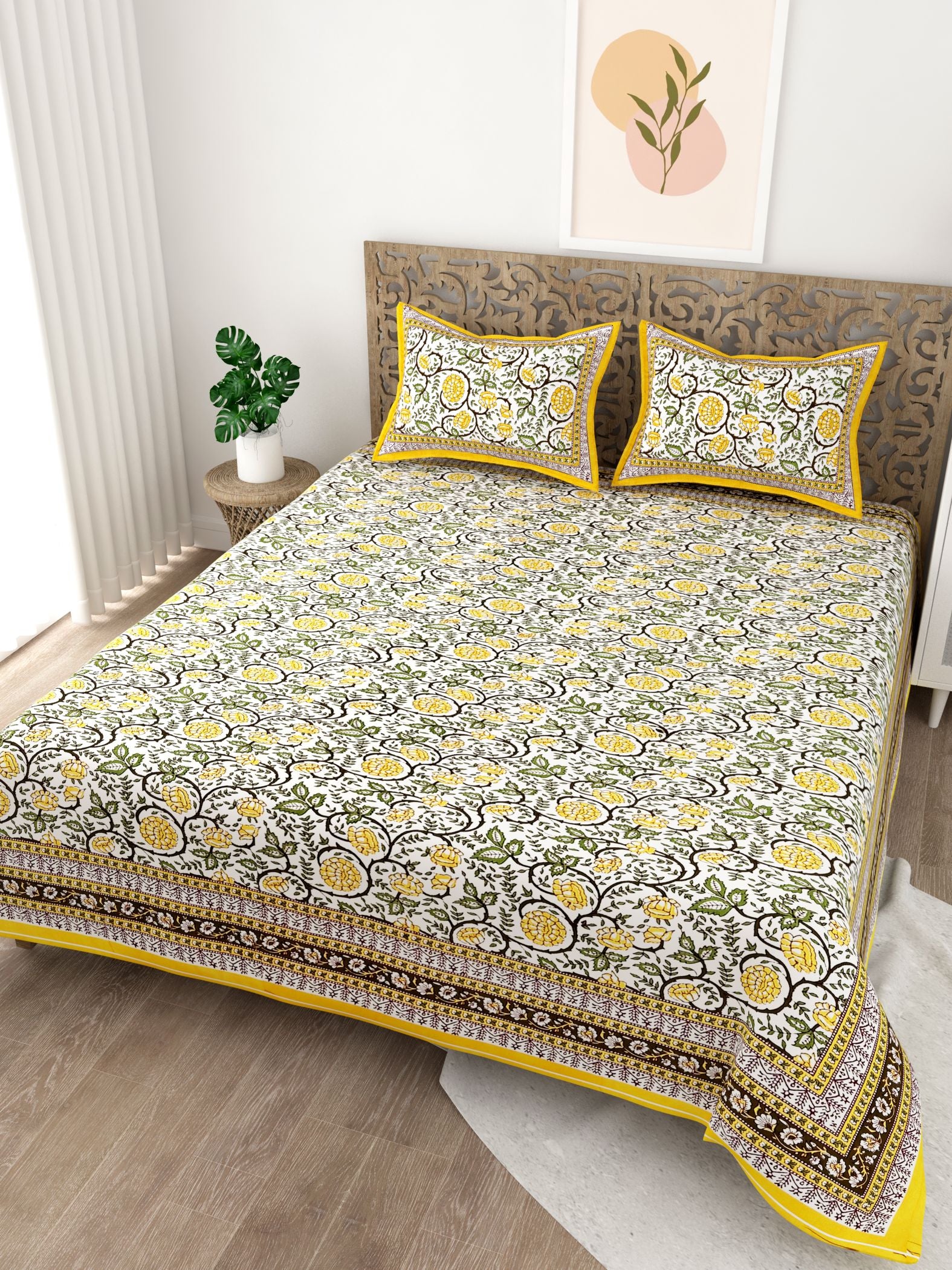 Yellow Floral Printed Cotton 200TC King Bedsheet With 2 Zipper Pillow Covers - King Size by House of Ree - Distacart