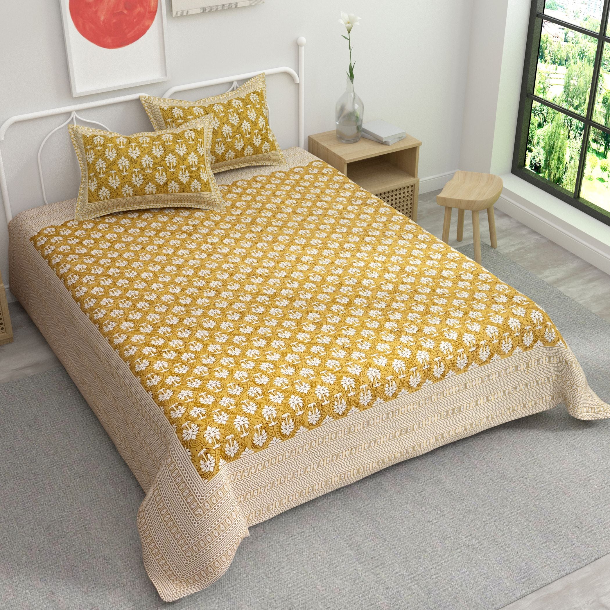 Yellow Ethnic Motifs Cotton 220 TC Bedsheet With 2 Zipper Pillow Covers - King Size by House of Ree - Distacart