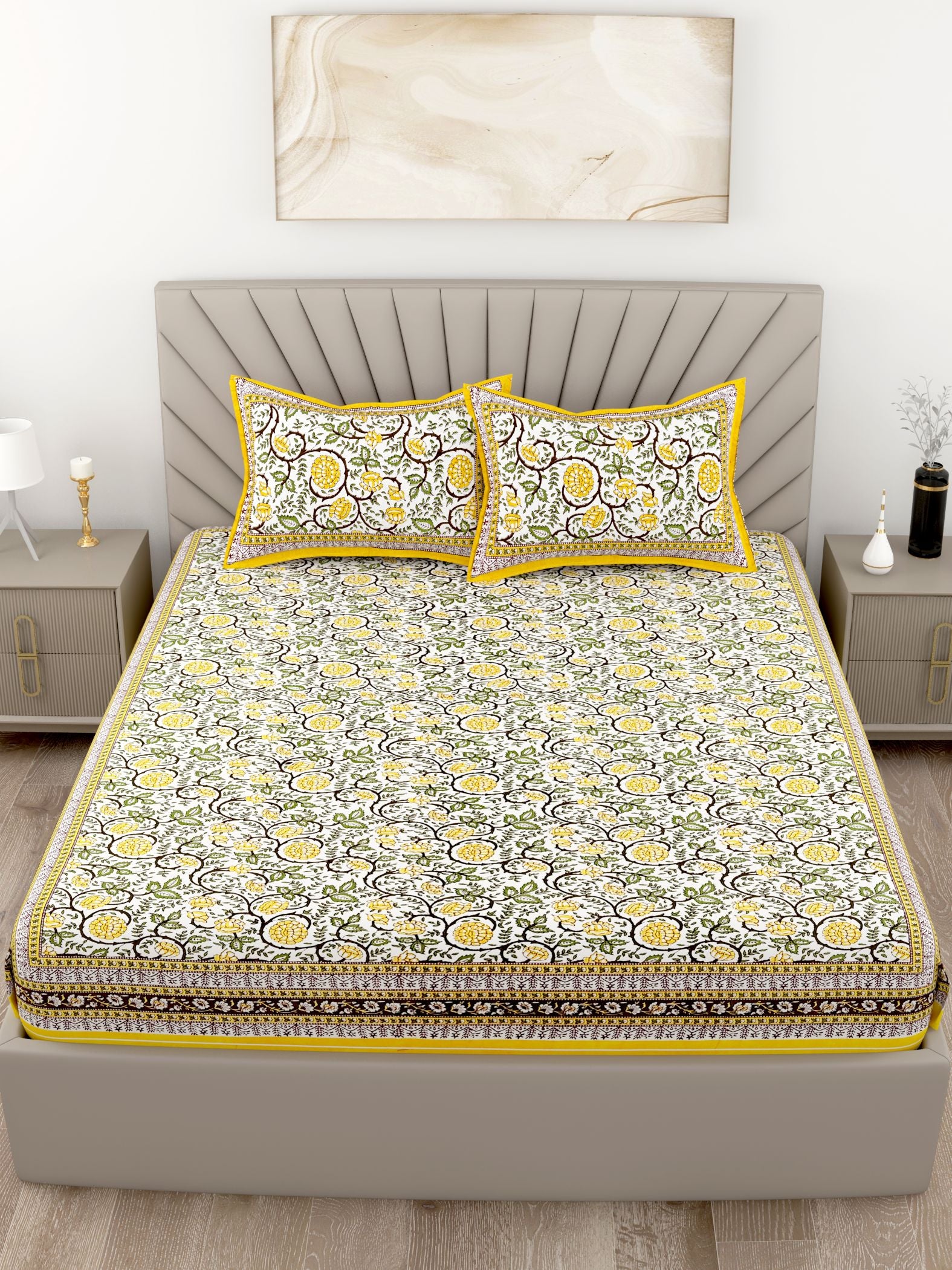 Yellow Floral Printed Cotton 200TC King Bedsheet With 2 Zipper Pillow Covers - King Size by House of Ree - Distacart