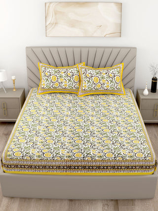 Yellow Floral Printed Cotton 200TC King Bedsheet With 2 Zipper Pillow Covers - King Size by House of Ree - Distacart