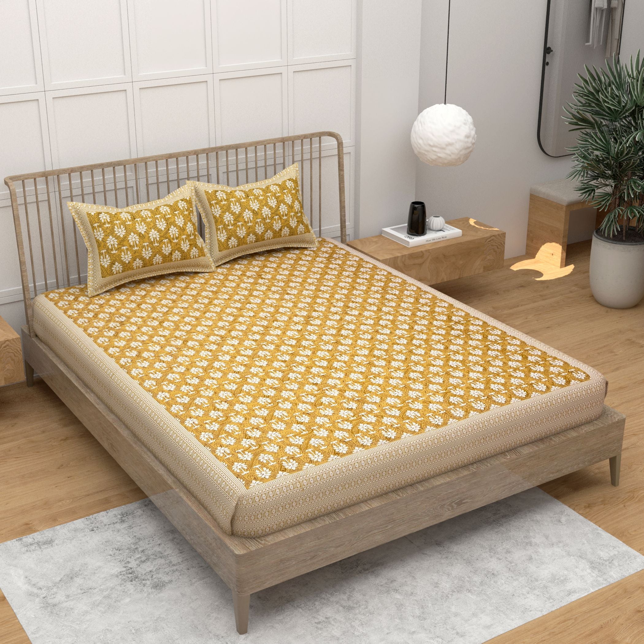 Yellow Ethnic Motifs Cotton 220 TC Bedsheet With 2 Zipper Pillow Covers - King Size by House of Ree - Distacart