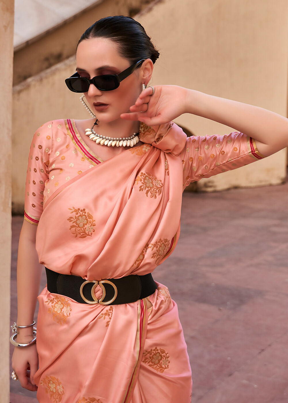 Coral Pink Pure Satin Zari Weaving Wedding Festive Saree - Emponline - Distacart