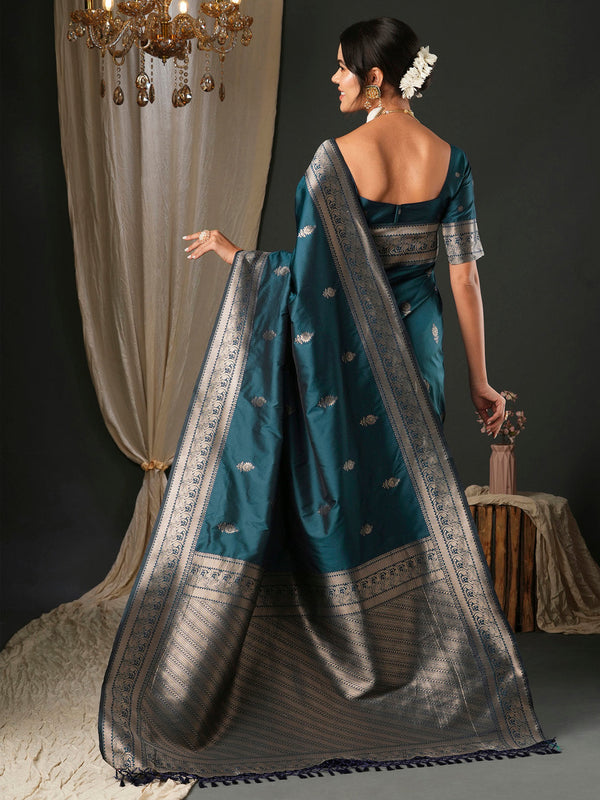 NOZ2TOZ Women's Silk Blend Teal blue Woven Design Designer Saree With Blouse Piece - Distacart