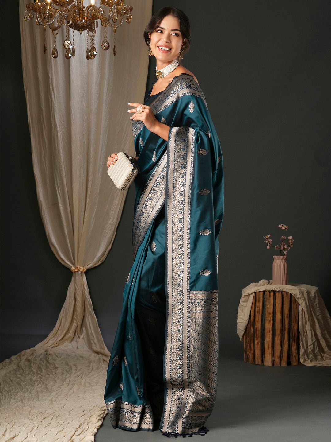 NOZ2TOZ Women's Silk Blend Teal blue Woven Design Designer Saree With Blouse Piece - Distacart