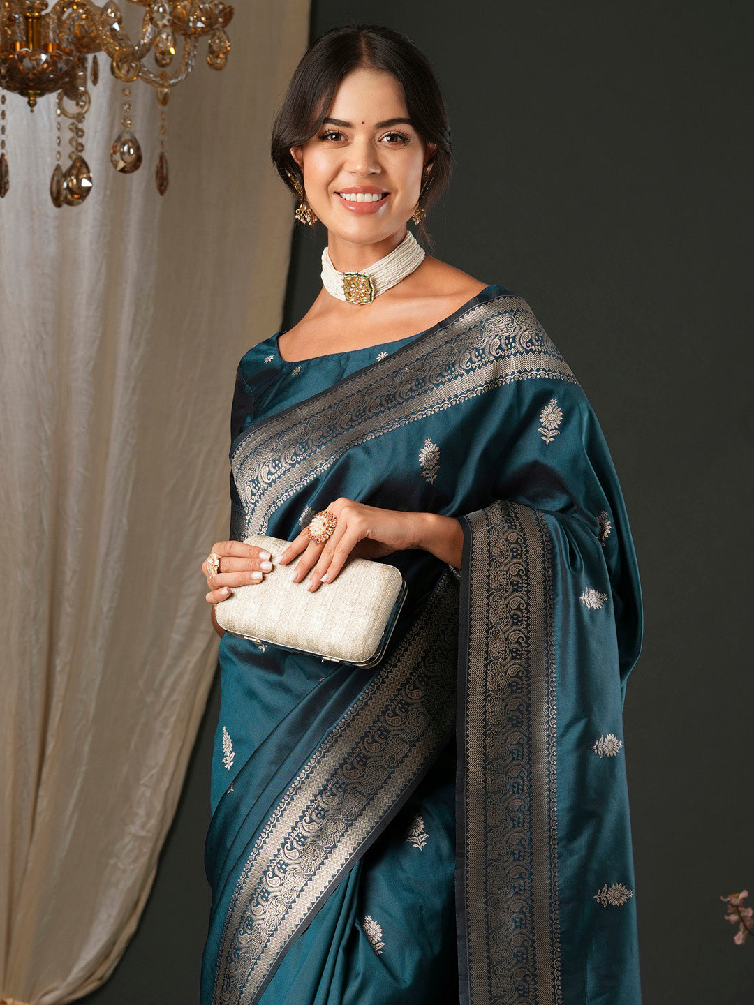 NOZ2TOZ Women's Silk Blend Teal blue Woven Design Designer Saree With Blouse Piece - Distacart