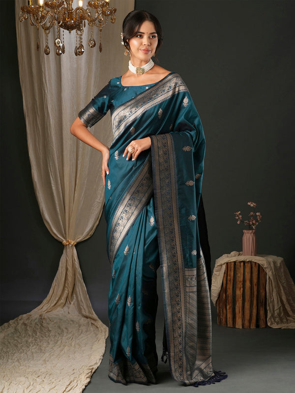 NOZ2TOZ Women's Silk Blend Teal blue Woven Design Designer Saree With Blouse Piece - Distacart