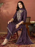 Thumbnail for The52 Wine Women's Gorgeous Vichitra Fabric Embroidered Work Straight Kurta Pant and Dupatta Set - Distacart