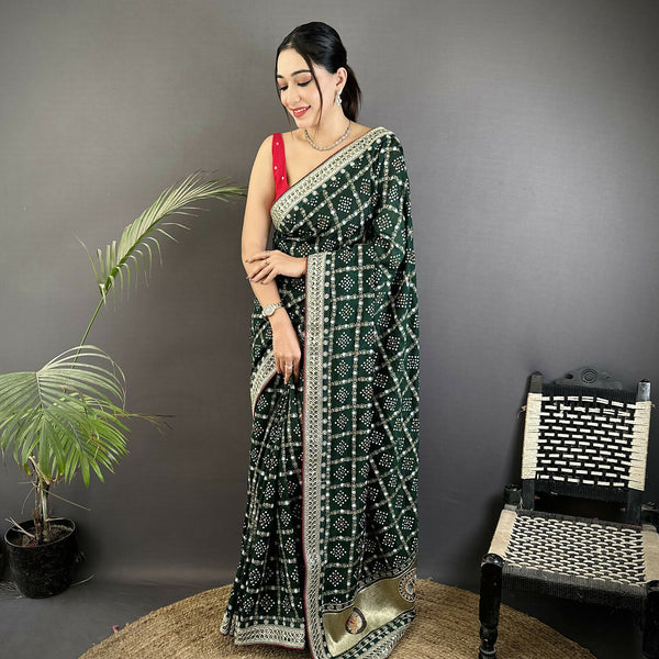 Joban Fashion Dark Green Bandhej Bandhani Vichitra Silk Bandhani Prints Saree