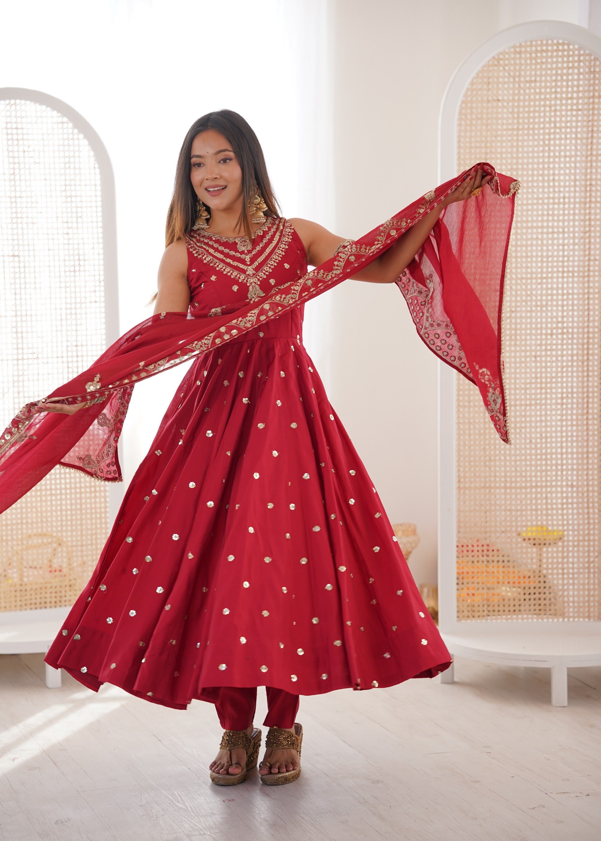 Anaita Red Silk Readymade Anarkali Suit with Embroidery & Sequence Work - Dista