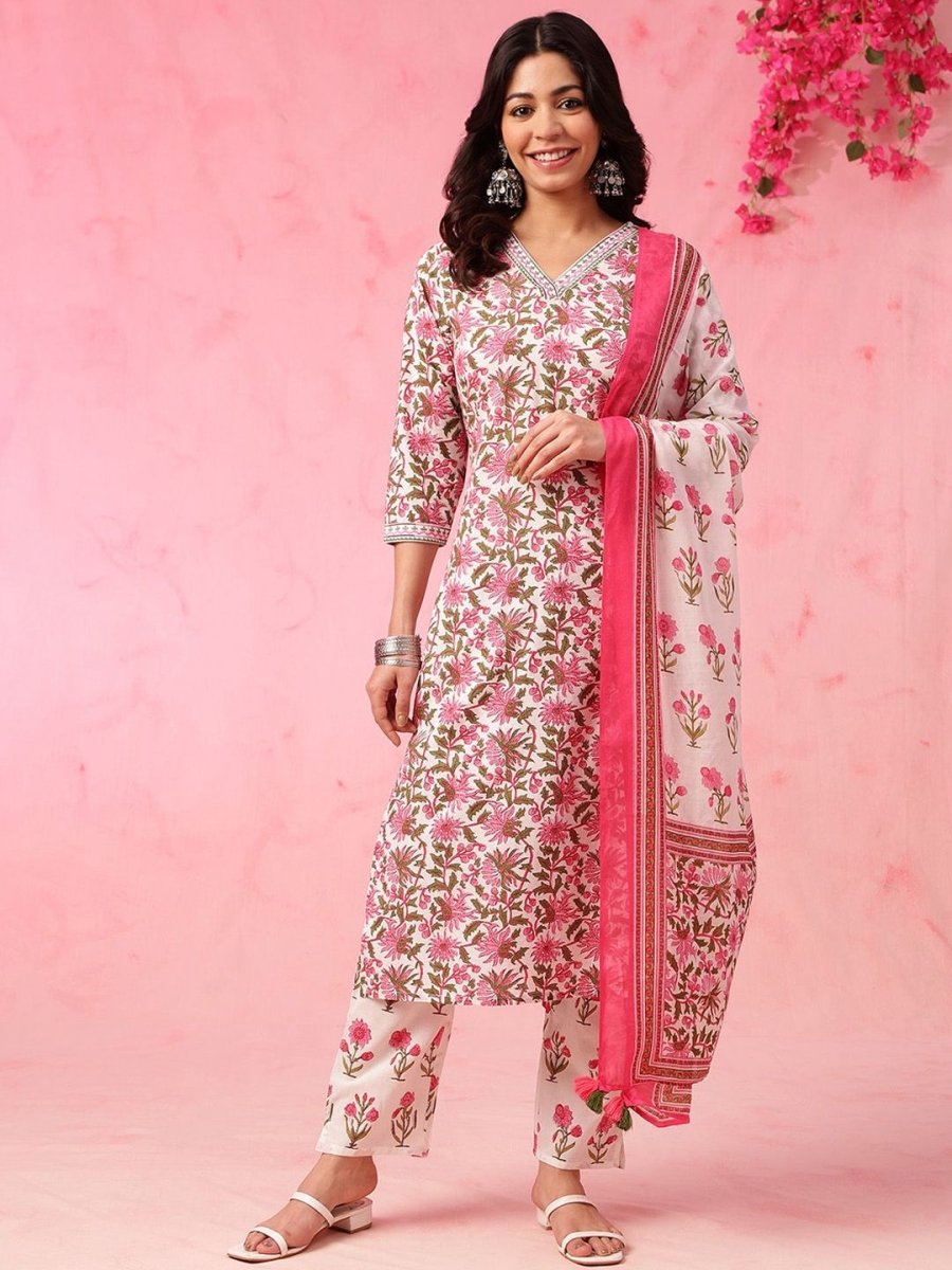 Anouk Women Floral Printed Regular Pure Cotton Kurta with Trousers & With Dupatta - Distacart