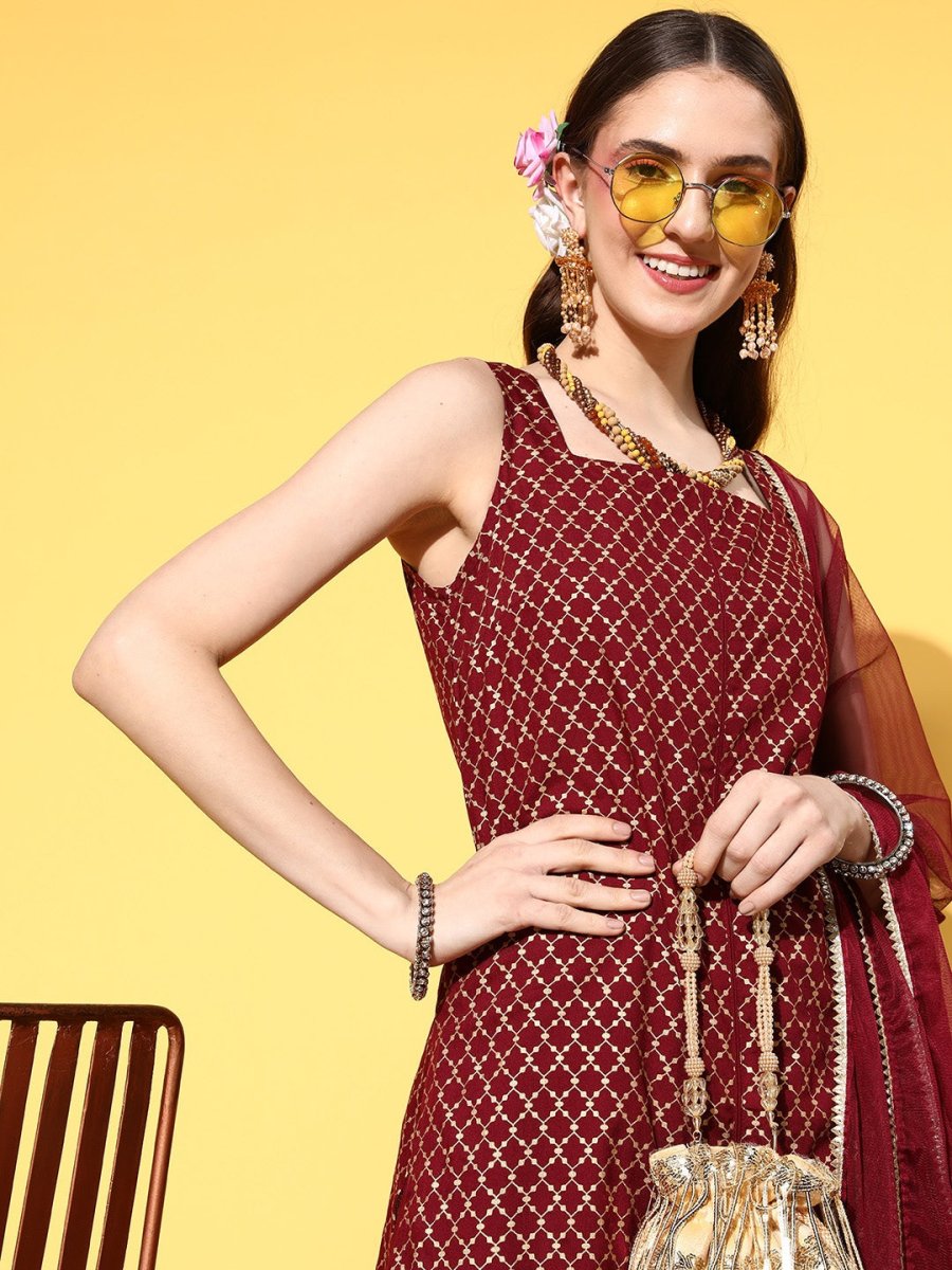 All About You Women Maroon Ethnic Motifs Printed Kurti with Fusion Bottoms & With Dupatta - Distacart