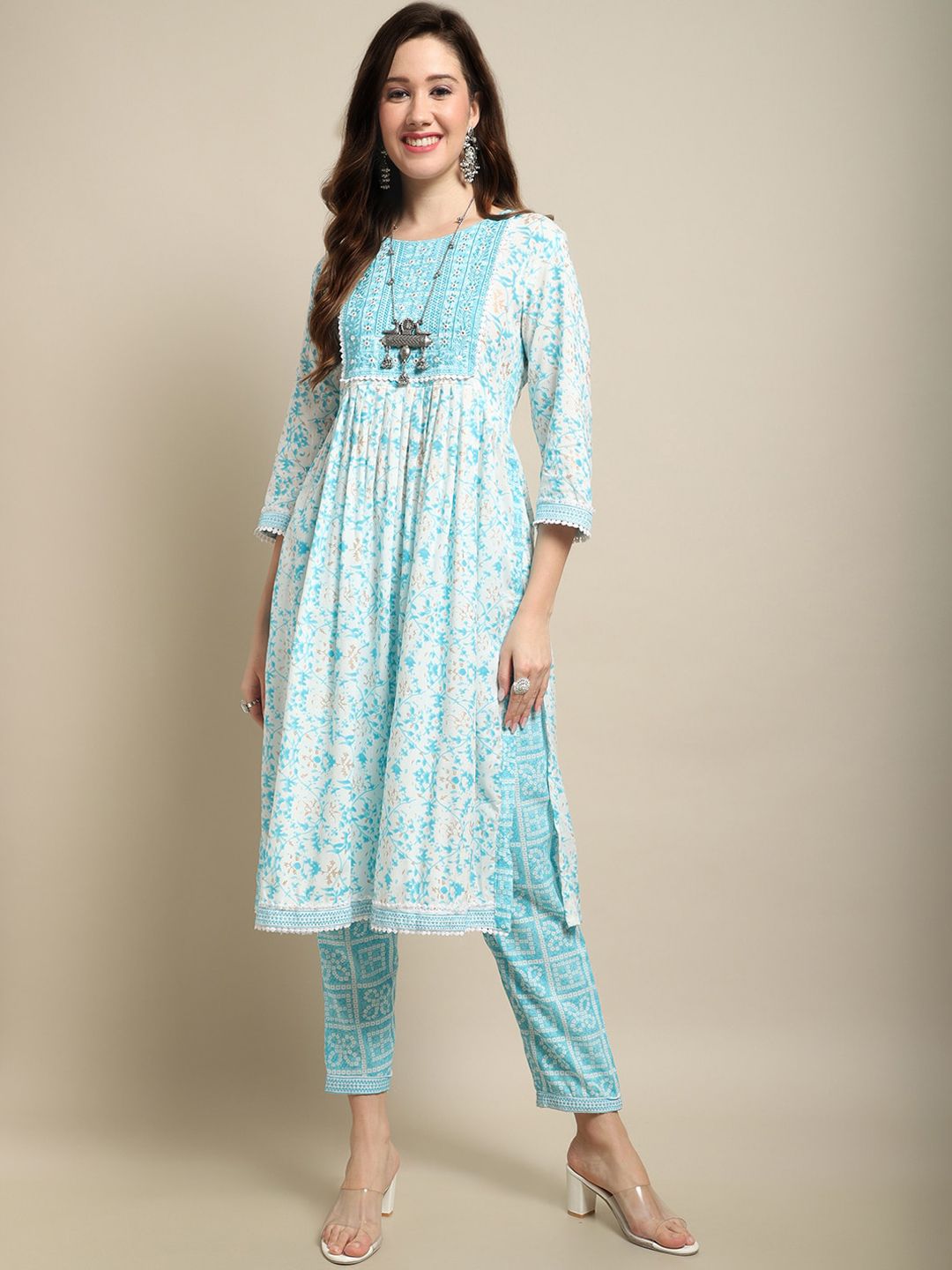 Sangria White & Blue Floral Printed Mirror Work A-Line Kurta With Trouser & Dupatta