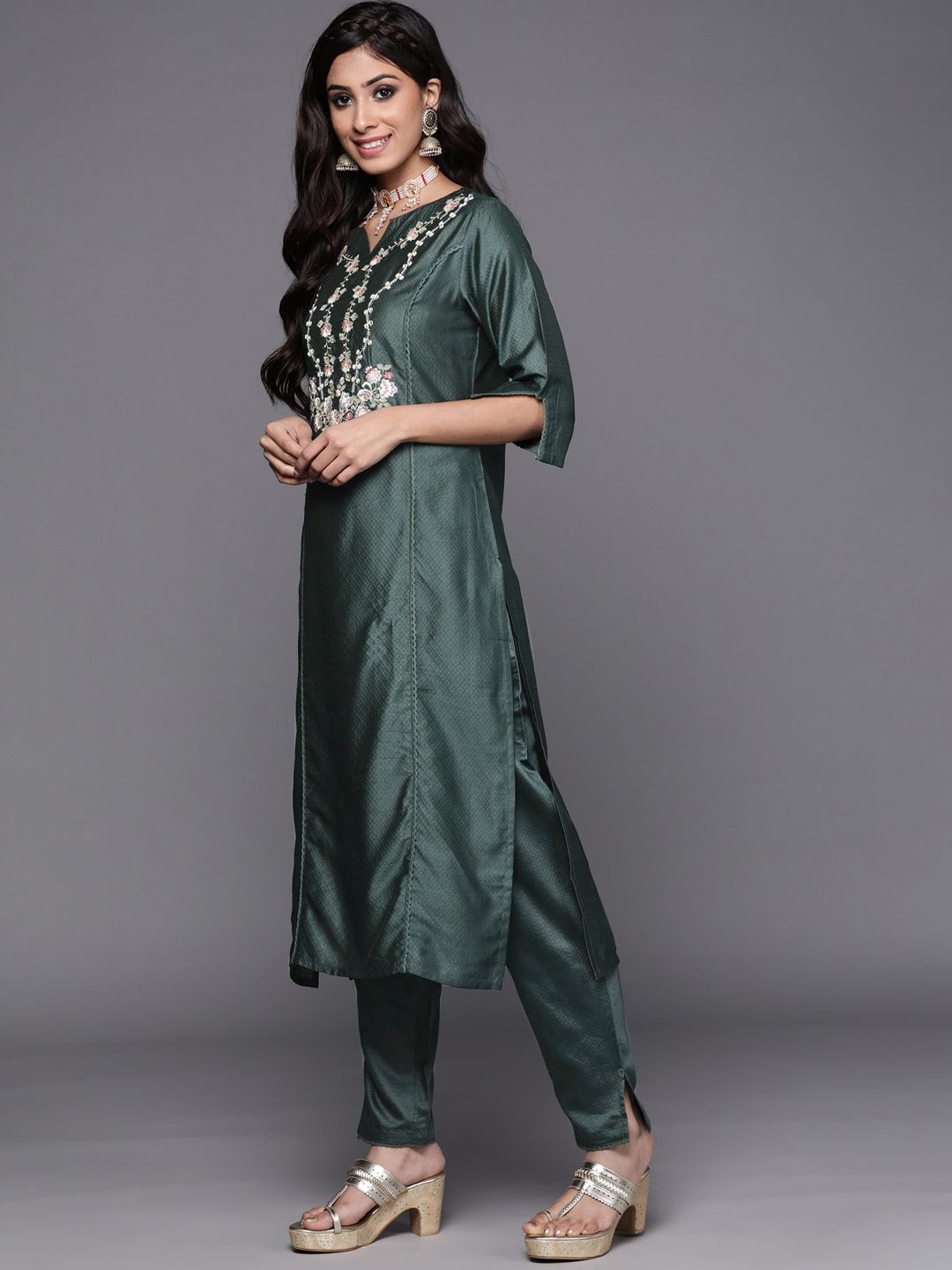 Indo Era Women Green Ethnic Motifs Embroidered Kurta with Trousers & With Dupatta
