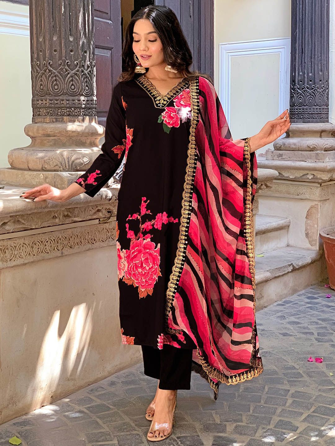 Kalini Floral Printed V-Neck Regular Gotta Patti Kurta ,Trousers & Dupatta - Distacart