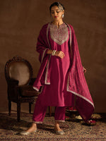 Thumbnail for Indo Era Red Floral Embroidered Regular Kurta with Trousers & Dupatta