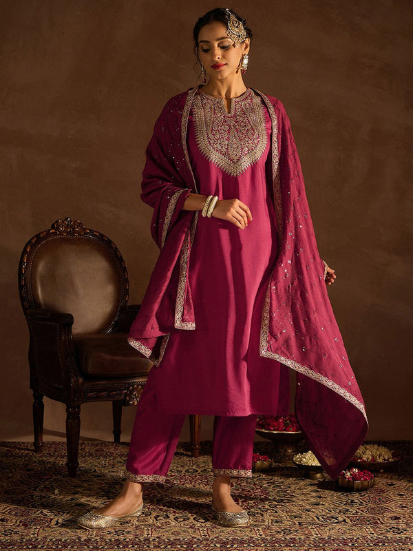 Indo Era Red Floral Embroidered Regular Kurta with Trousers & Dupatta