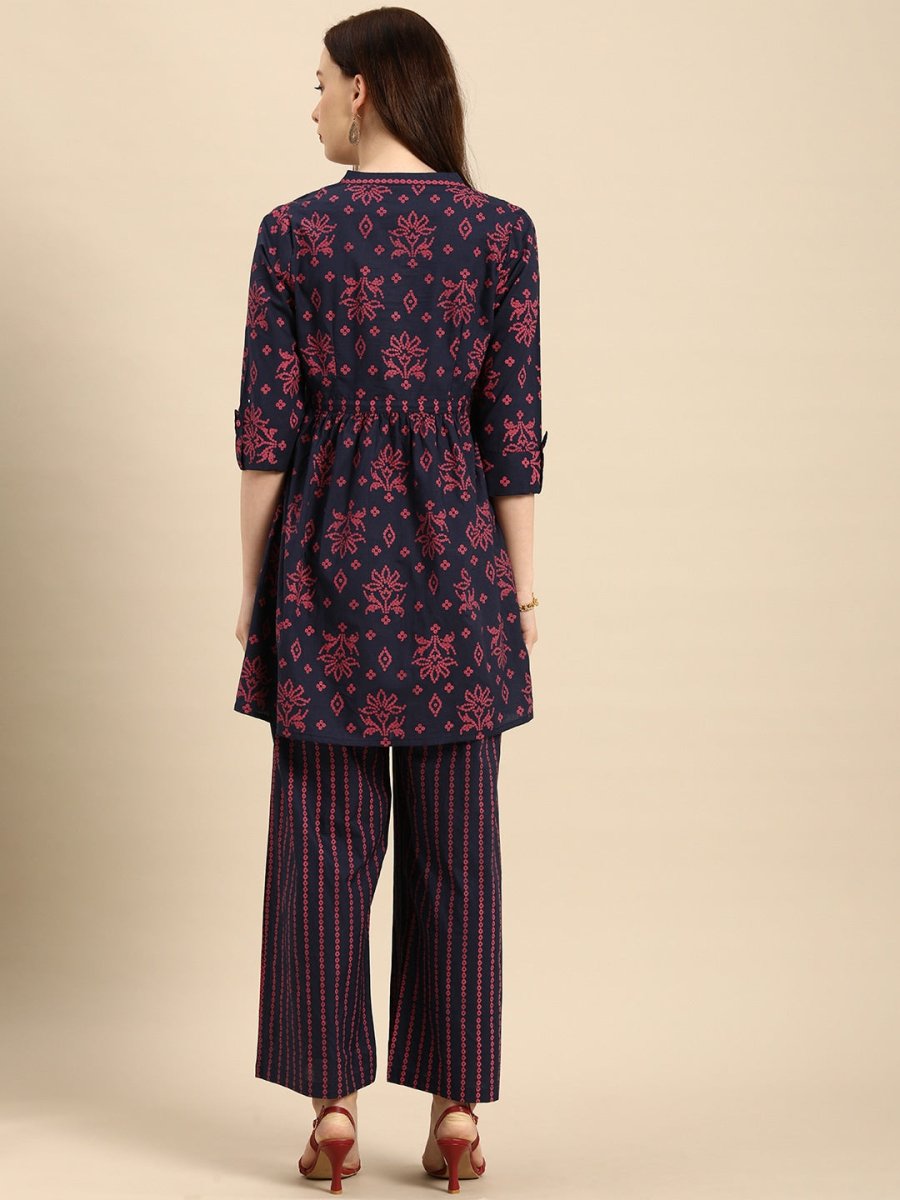 All About You Women Blue & Pink Bandhani Printed Pleated Kurti with Palazzos - Distacart