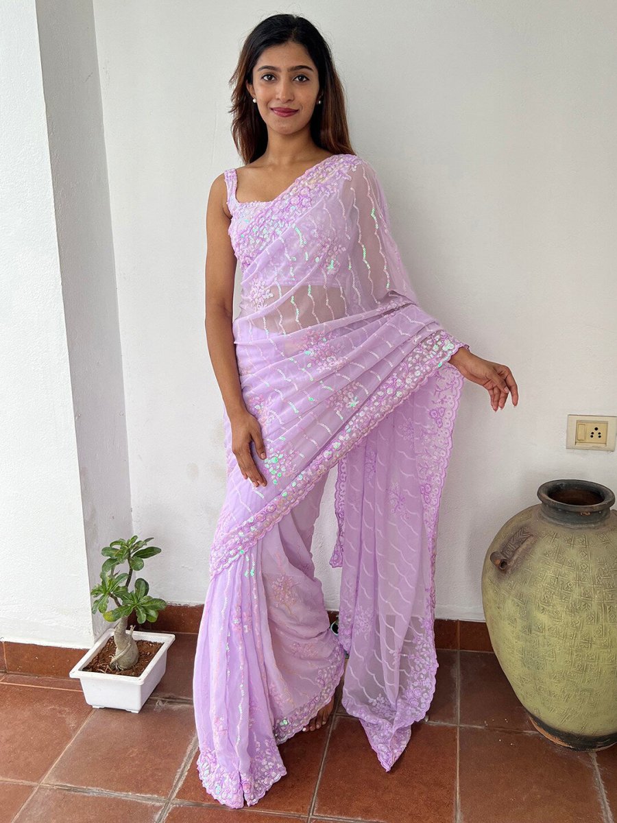 Anouk Lavendar Embellished Sequinned Pure Georgette Saree - Distacart