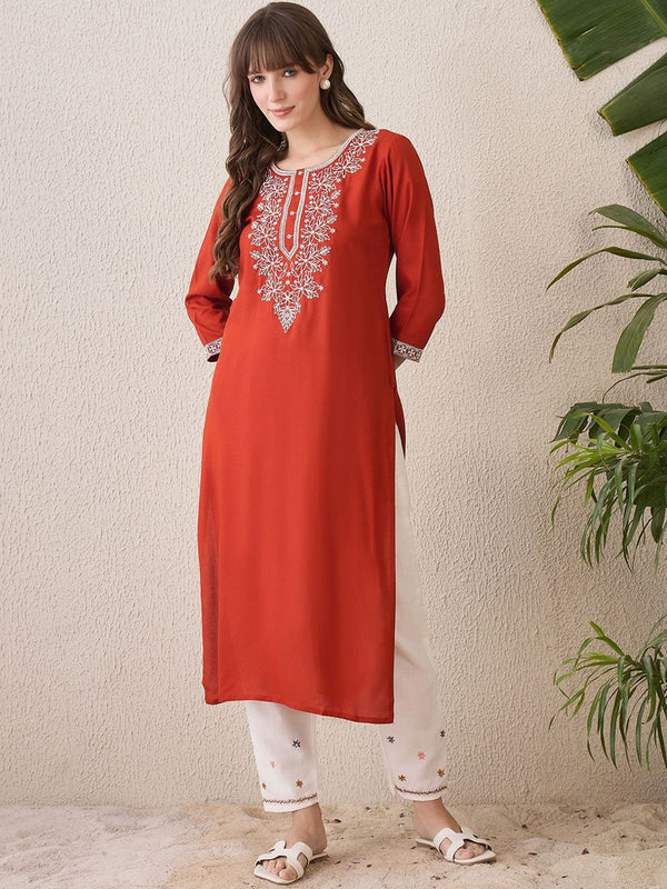 Indo Era Floral Yoke Design Thread Work Cotton Straight Kurta