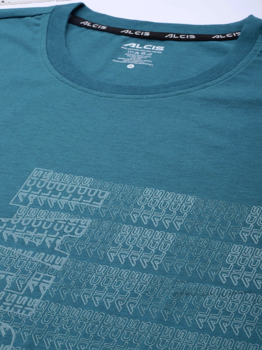 Alcis Men Teal Blue Typography Printed Slim Fit Gym T-shirt - Distacart