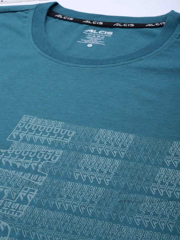 Alcis Men Teal Blue Typography Printed Slim Fit Gym T-shirt - Distacart