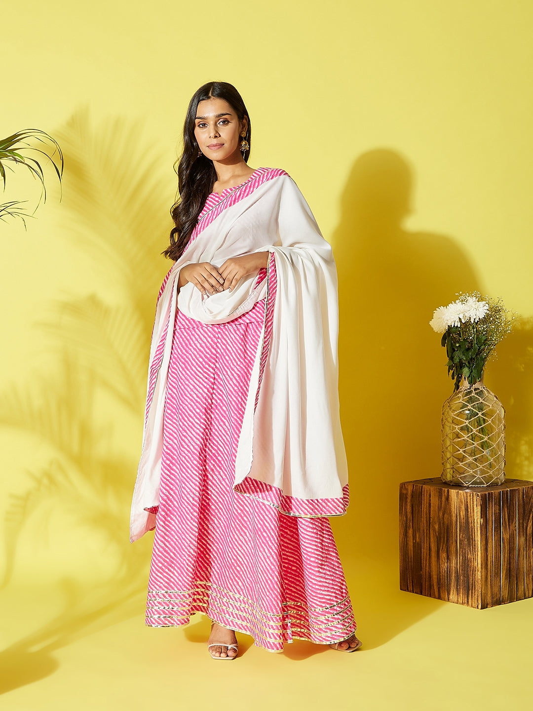 InWeave Pink Lehriya Top Set With Dupatta - Distacart