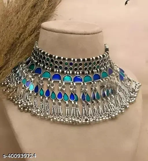 Tehzeeb Creations Women's Silver Colour Oxidised Necklace Set With Blue Colour Meenakari Work - Distacart