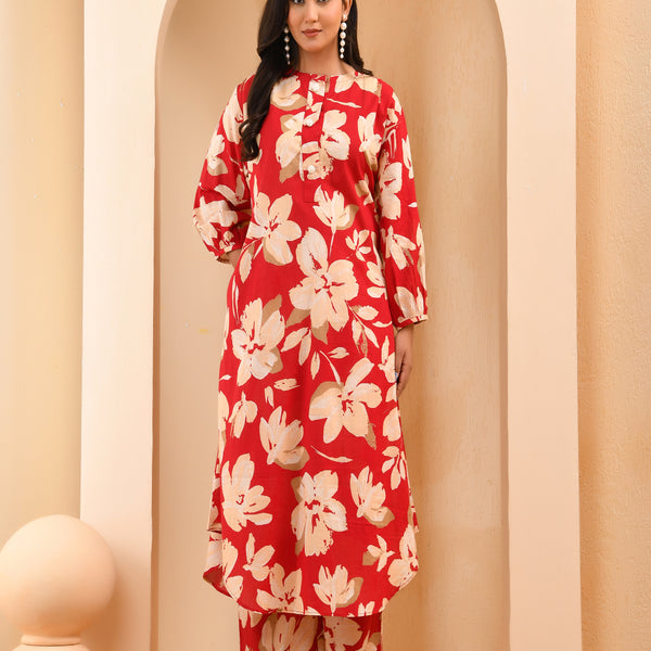 Vaasva Women Cherry Red Floral Aline Printed Cord Set