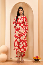 Thumbnail for Vaasva Women Cherry Red Floral Aline Printed Cord Set
