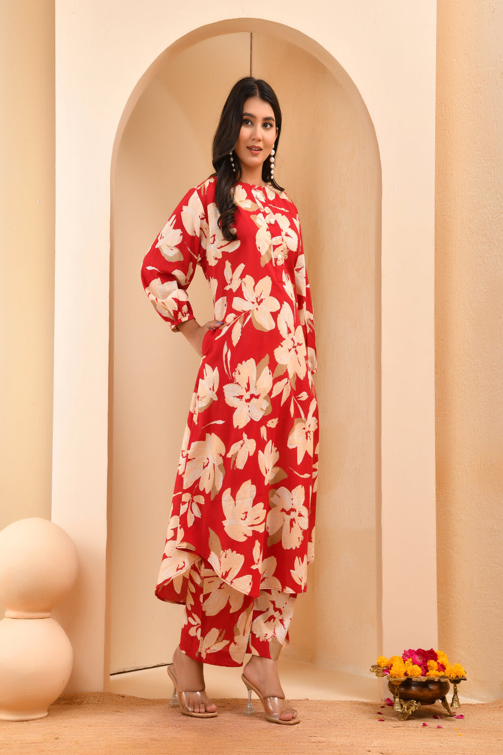 Vaasva Women Cherry Red Floral Aline Printed Cord Set