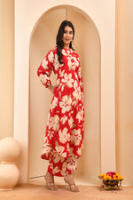 Thumbnail for Vaasva Women Cherry Red Floral Aline Printed Cord Set