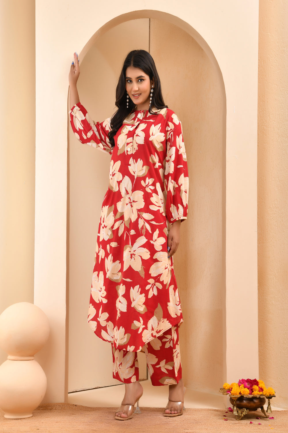 Vaasva Women Cherry Red Floral Aline Printed Cord Set