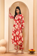 Thumbnail for Vaasva Women Cherry Red Floral Aline Printed Cord Set