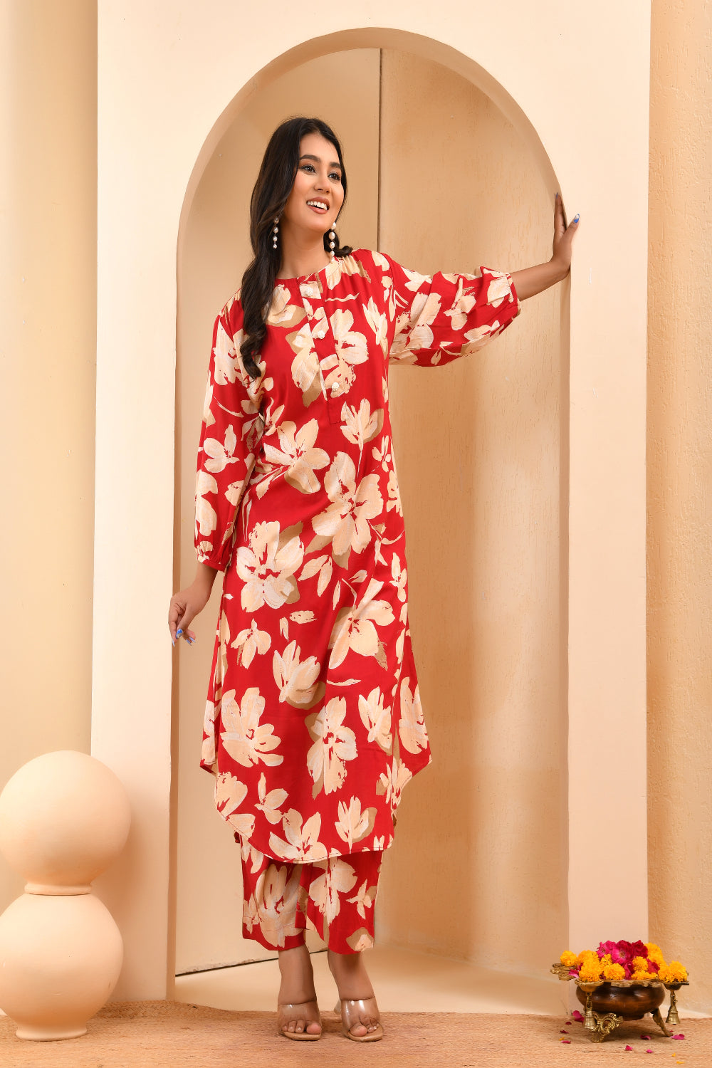 Vaasva Women Cherry Red Floral Aline Printed Cord Set