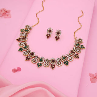 Tehzeeb Creations Gold-Polished Green And Maroon Colour Choker With Dangle Earrings - Distacart