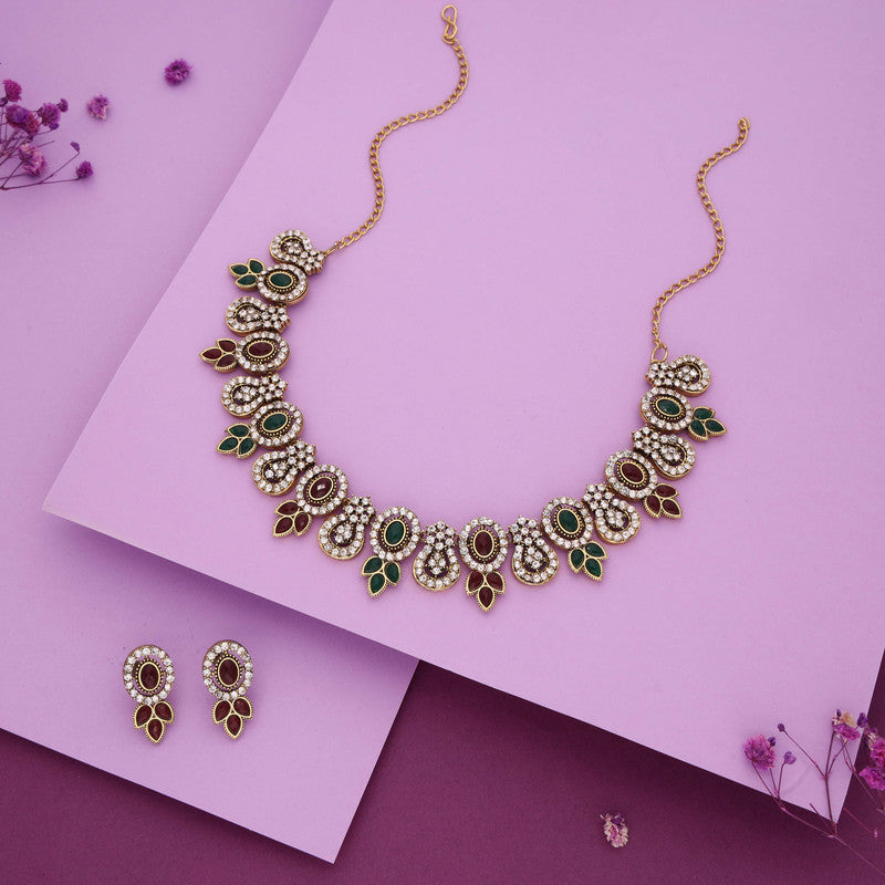 Tehzeeb Creations Gold-Polished Green And Maroon Colour Choker With Dangle Earrings - Distacart