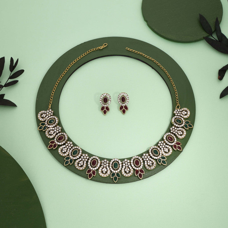 Tehzeeb Creations Gold-Polished Green And Maroon Colour Choker With Dangle Earrings - Distacart