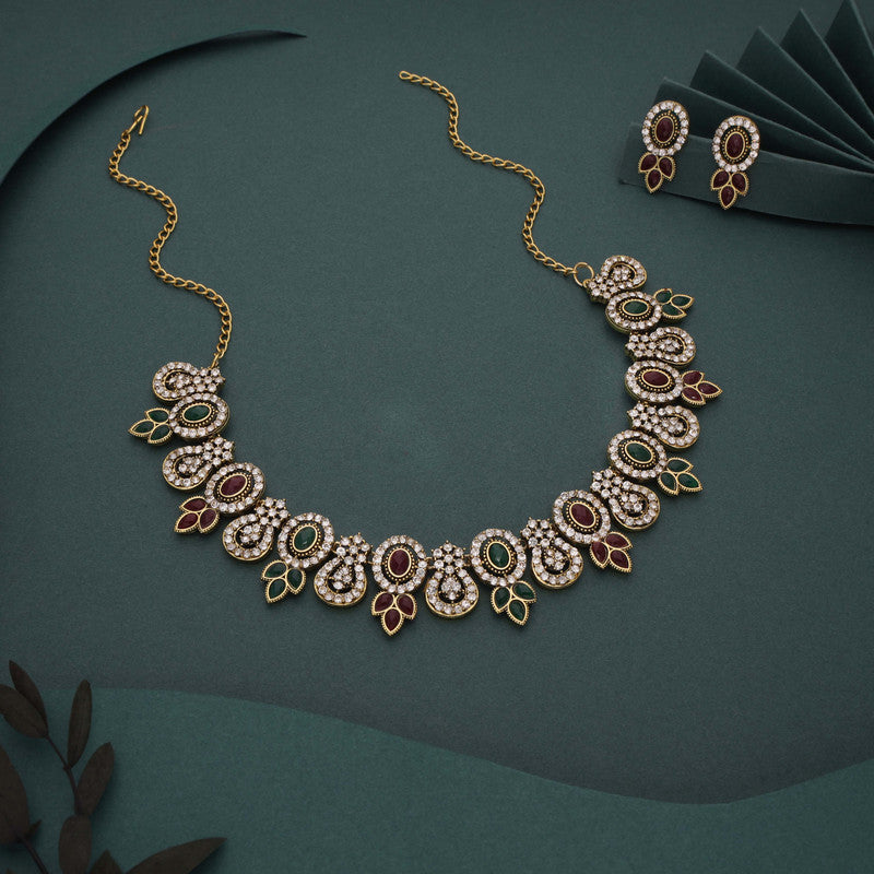 Tehzeeb Creations Gold-Polished Green And Maroon Colour Choker With Dangle Earrings - Distacart