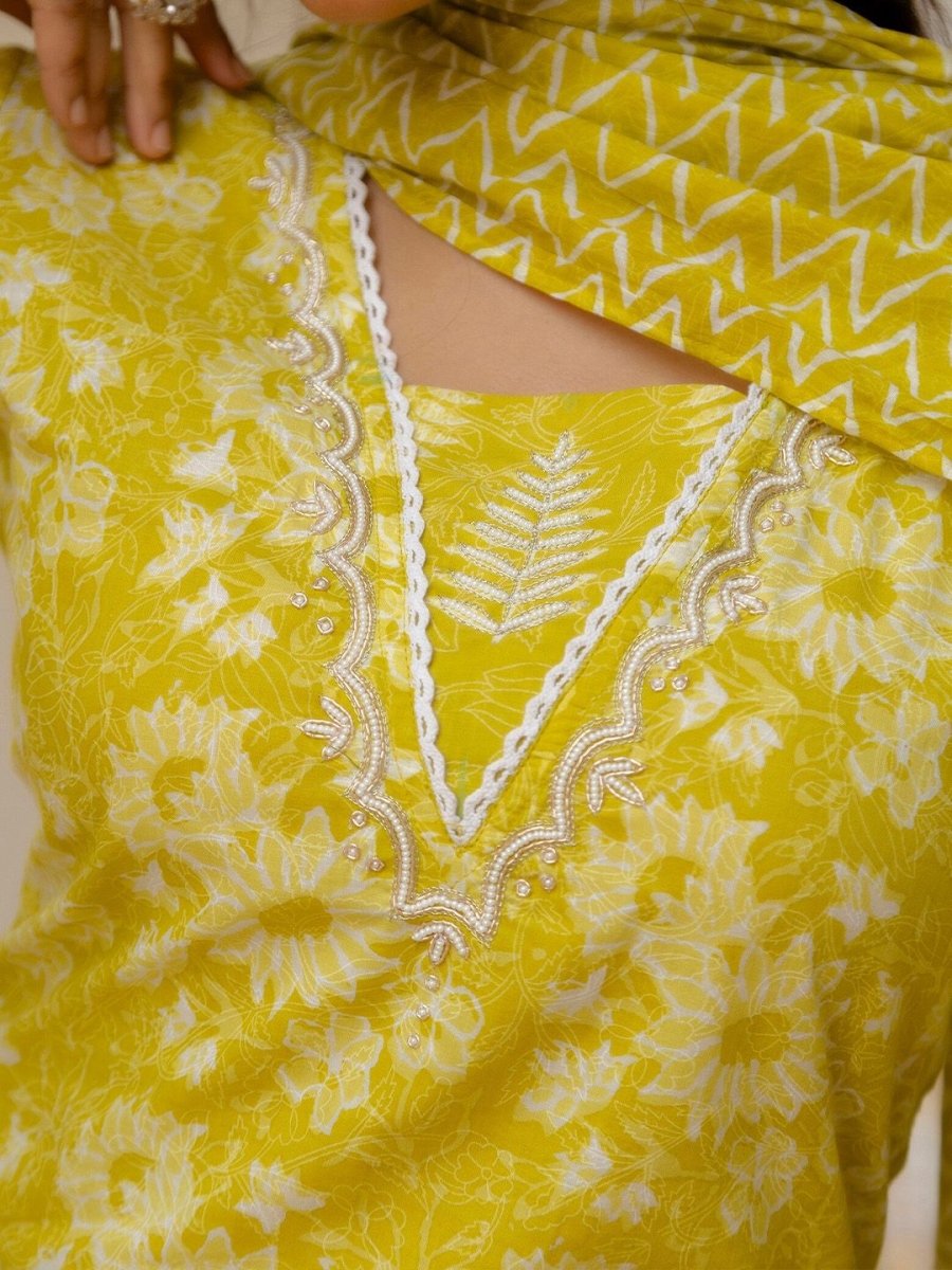 Anouk Floral Yoke Design Pure Cotton Straight Kurta With Patiala & Dupatta - Distacart