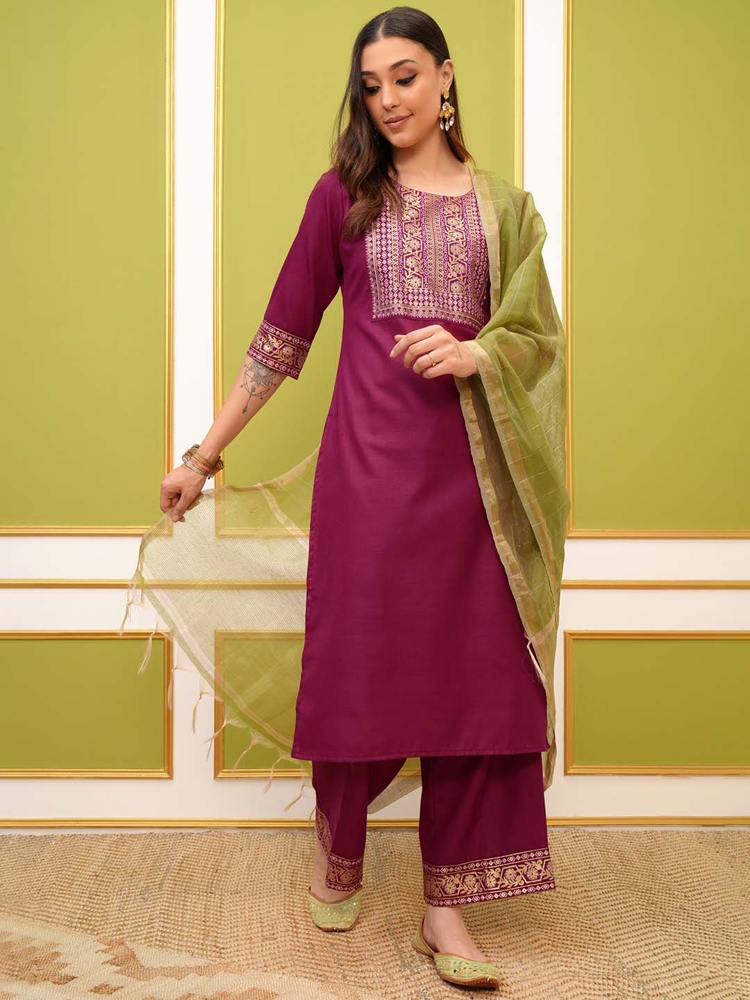Vishudh Pink Ethnic Motifs Yoke Design Foil Printed Straight Kurta & Palazzos With Dupatta