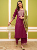 Thumbnail for Vishudh Pink Ethnic Motifs Yoke Design Foil Printed Straight Kurta & Palazzos With Dupatta